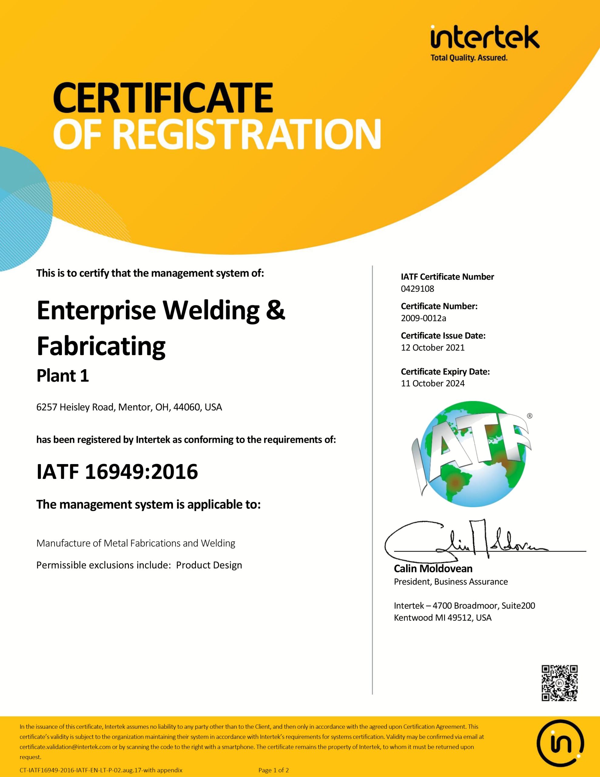 IATF 16949-2016 Heisley certificate